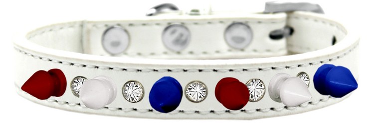 Crystal with Red, White and Blue Spikes Dog Collar White Size 14